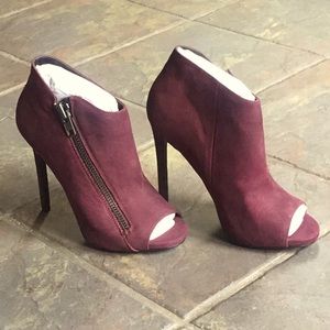 Burgundy suede peep toe bootie